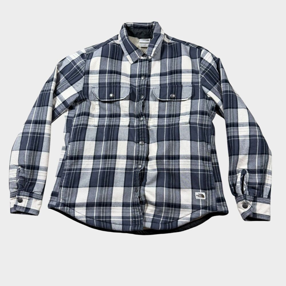 The North Face Sherpa Lined Flannel Shirt Jacket Womens Medium Blue Gray Plaid
